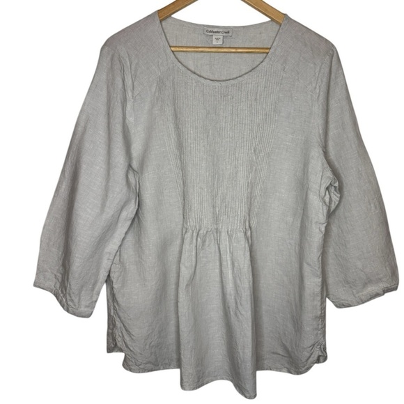 Coldwater Creek 100% Linen Scoop Neck 3/4 Sleeve Tan Beige Loose Fit Pleated Top - Picture 1 of 5